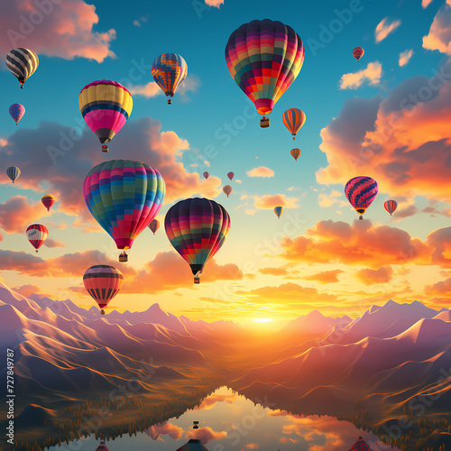 Colorful hot air balloons ascending at dawn. © Cao