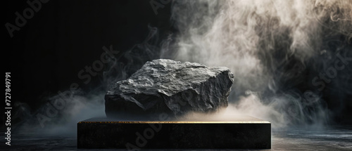 Stone platform, podium with gold shimmer texture, smoke, steam, lights, sparkles on dark background. Mock up with lights effect. Generative AI