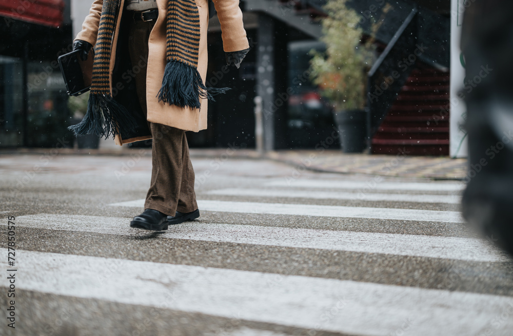 Close-up of a business person's lower body, crossing a snowy city street. Winter urban scene depicting solo pedestrian commute during snowfall. Close-up of a business person's lower body, crossing a snowy city street. Winter urban scene depicting solo pedestrian commute during snowfall.