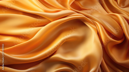 Abstract gold wavy fabric satin silk background. Beautiful Yellow background cloth with drapery and wavy folds