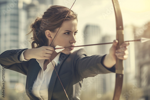 A businesswoman with a bow and arrow, depicting the concept of being focused and working with precision