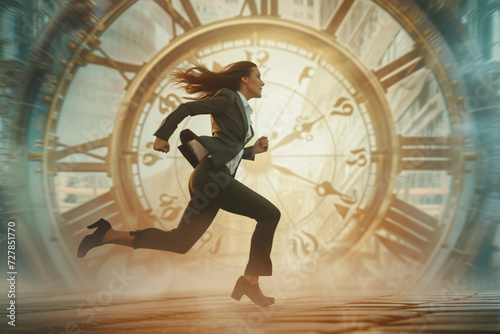 A businesswoman running in front of a giant clock, depicting the concept of time running out, beating a deadline, or working under pressure
