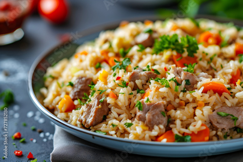 rice with vegetables, pilaf. design for tasty food ad. restaurant or homemade dish.