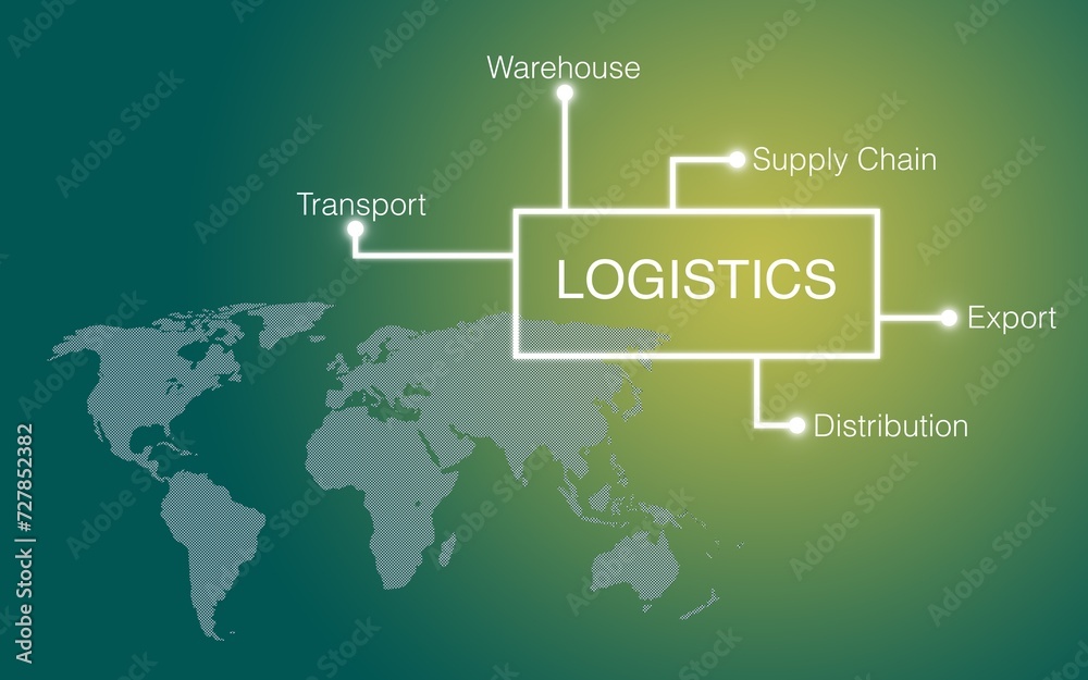 Logistics concept in front of a green to yellow gradient and a world map, warehouse, transport, globalization, distribution, supply chain, business, economy, import, export Logistics concept in front of a green to yellow gradient and a world map, warehouse, transport, globalization, distribution, supply chain, business, economy, import, export