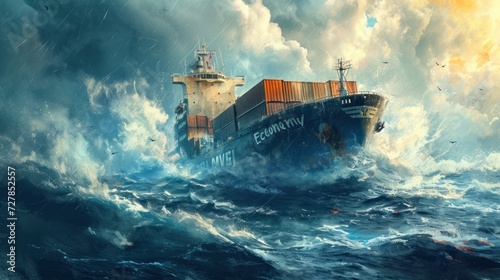 A container trading ship with name "Economy" is written, sails through a stormy ocean with large waves. Difficult economic situation. Exchange trading schedules.