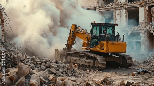 A bulldozer demolishes houses. Demolition of illegal and unsafe buildings. Urban planning. Removal of hazardous buildings. Reconstruction and development of old city quarters. photo