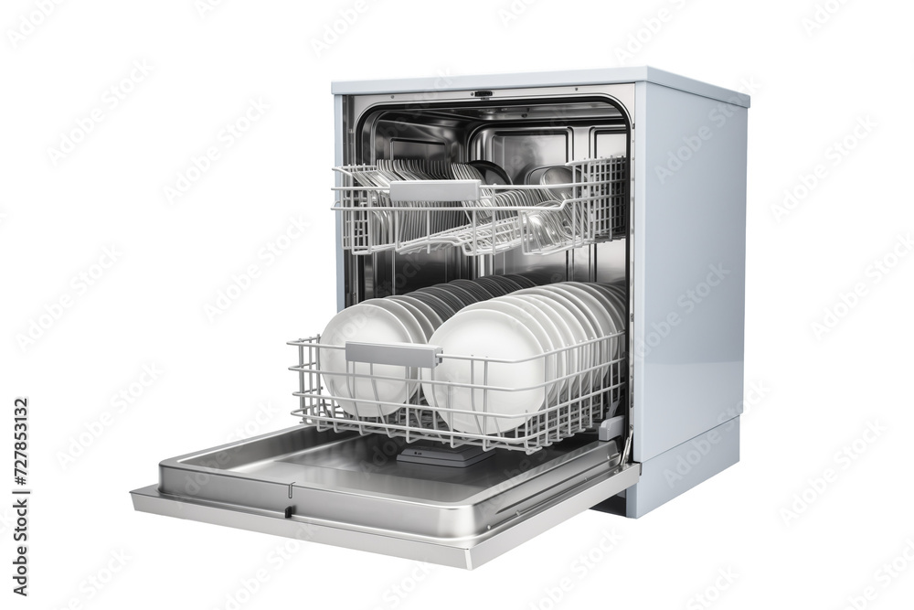 Opened dishwasher cleaning unit with dishes and spoons isolated on a transparent or white background. PNG. Opened dishwasher cleaning unit with dishes and spoons isolated on a transparent or white background. PNG.