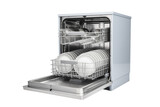 Opened dishwasher cleaning unit with dishes and spoons isolated on a transparent or white background. PNG. 