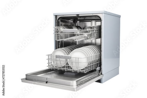 Opened dishwasher cleaning unit with dishes and spoons isolated on a transparent or white background. PNG.  photo