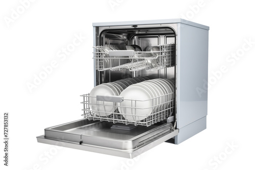 Opened dishwasher cleaning unit with dishes and spoons isolated on a transparent or white background. PNG. 
