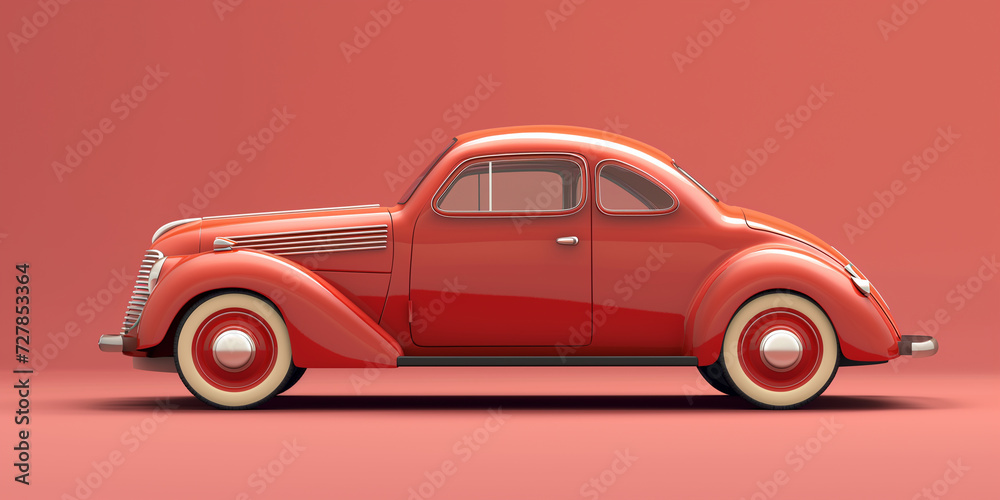Red car retro vintage model 3d illustration, cartoon style cute vehicle.