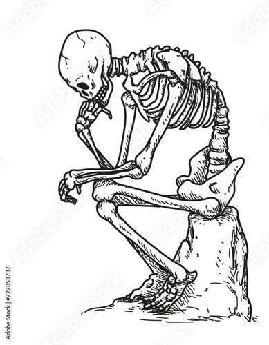 The philosopher, thinking skeleton, dead man contemplating, hand drawn vector illustration