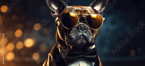 The whimsical charm of a dog wearing sunglasses against a dark background, exuding style and humor in its fashionable ensemble..