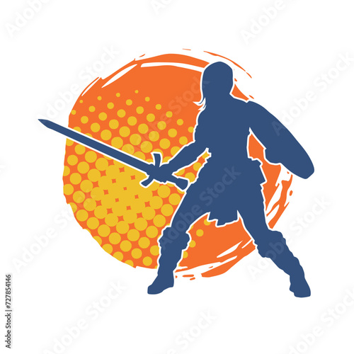 Silhouette of a female warrior in battle armor carrying sword weapon and iron shield.