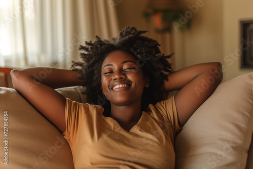 Relaxing at home, a happy woman lying on the sofa enjoying the moment, self-care concept