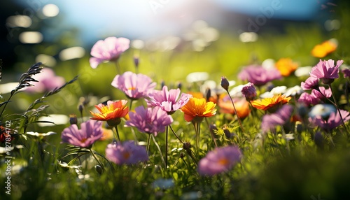 field of flowers with sun shining during spring time. Flower meadow full of colorful flowers. Meadow with flowers. Purple flower. Orange flower. White flower