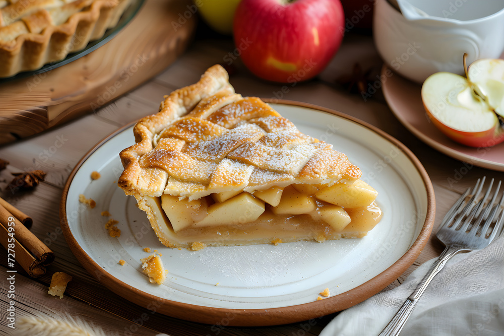 design for a food, homemade apple pie on a plate, delicious. apples. restaurant or cafe menu. minimalistic. sweet Pastry. horizontal. fresh morning. copy space. piece