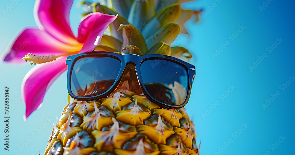 Tropical Coolness: Pineapple with Sunglasses and Flower with copy space, generative ai 