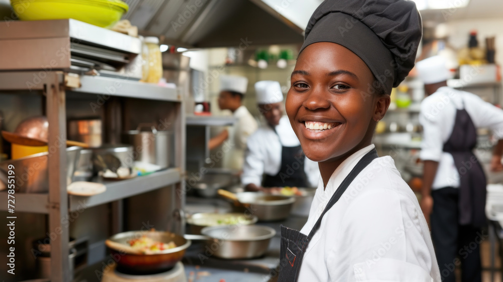 Fototapeta premium Cheerful happy African American female cook in restaurant kitchen