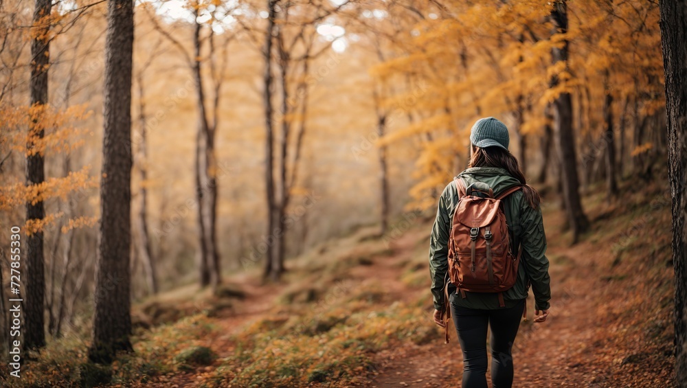 Forest hike trail hiker woman walking in autumn fall nature background in fall season, Hiking active people lifestyle wearing backpack exercising outdoors