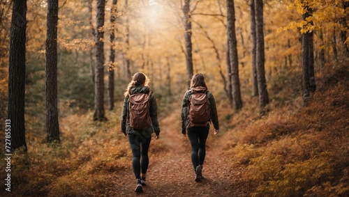 Forest hike trail hiker woman walking in autumn fall nature background in fall season, Hiking active people lifestyle wearing backpack exercising outdoors