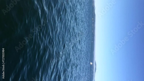 Panoramic side view of  Vilyuchinsky and Koryaksky volcanoes from sailing boat on blue colored Avacha bay in a sunny summer day. Real time handheld vertical video. Beauty in nature theme. photo