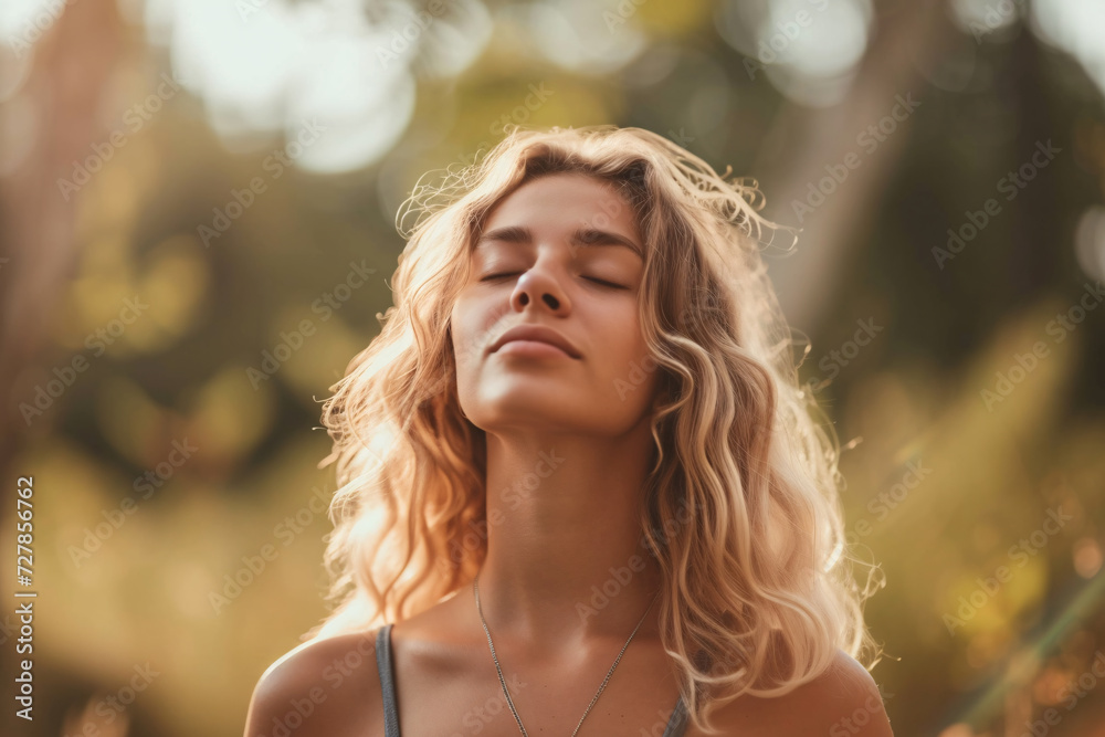 Naklejka premium Breathing exercise, being in the moment, mindfulness concept, a woman taking a deep breath