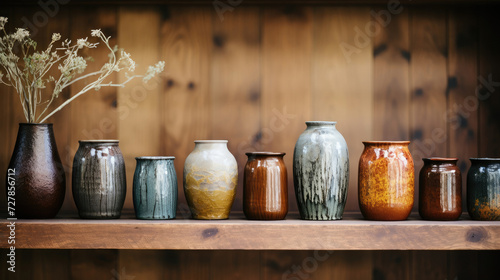 Collection of Handmade Pottery Vases on Wooden Shelf for Home Decor and Interior Design
