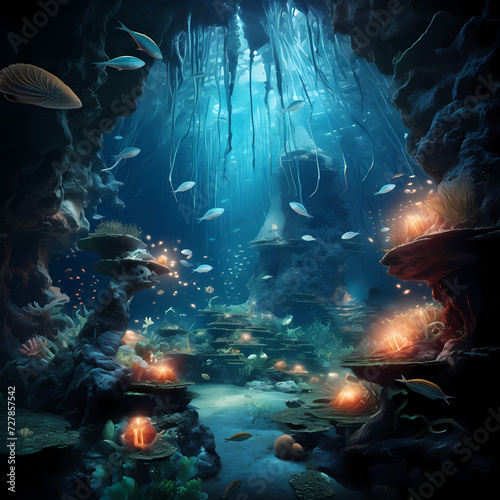 A bioluminescent underwater cave with exotic sea creatures