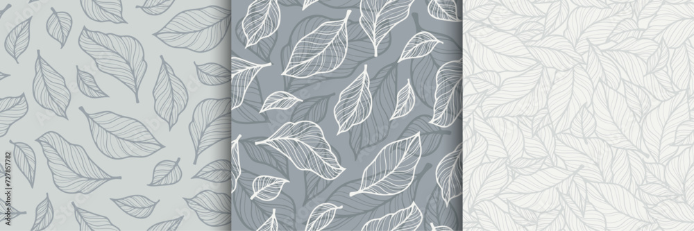 set of vector seamless patterns, pattern with leaves smooth lines, pastel cold shades of blue