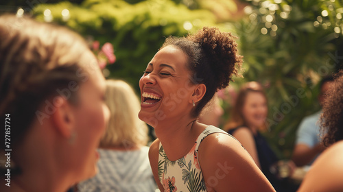 Happy candid mixed race woman laughing at a summer office party gathering. Team building and bonding experience. AI generated