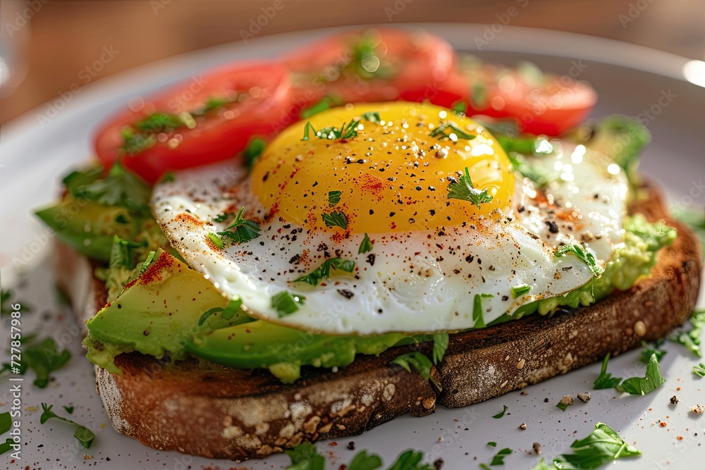 A close-up of a gourmet avocado toast topped with a perfectly fried egg Healthy Breakfast. Egg and Avocado Toast A close-up of a gourmet avocado toast topped with a perfectly fried egg Healthy Breakfast. Egg and Avocado Toast