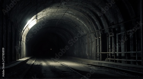 Vintage photo of a dark tunnel, industrial revolution old photograph, noir concept from Generative AI