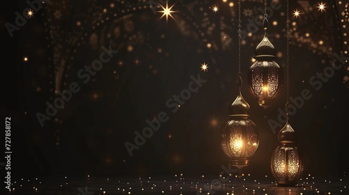 Premium Eid greeting card illustration with luxurious design. Eid Mubarak background with stars and moon. Islamic lamp design with Eid design