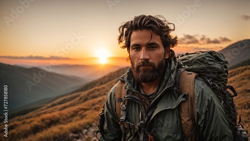 Mountain Man with backpack hiking in the mountains at sunset 
