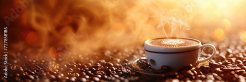 a cup of hot drink with steam stands on coffee beans, orange bokeh with smoke background