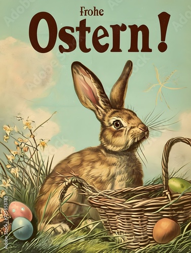 'Frohe Ostern!' Typography on a colorful Spring Background with a Basket of Easter Eggs and a Bunny. Illustrated Easter Card Template