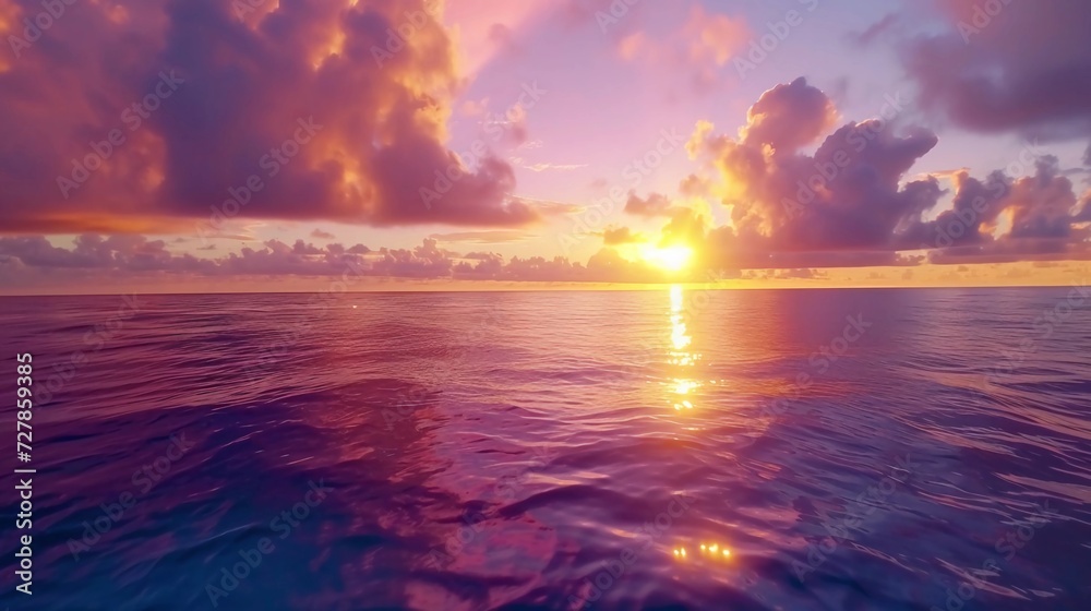 Stunning colorful sunset with clouds on the horizon of the South Pacific Ocean. Luxury travel