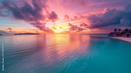 Stunning colorful sunset with clouds on the horizon of the South Pacific Ocean. Luxury travel © Ahmad