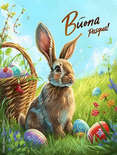 'Buona Pasqua!' Typography on a colorful Spring Background with a Basket of Easter Eggs and a Bunny. Illustrated Easter Card Template