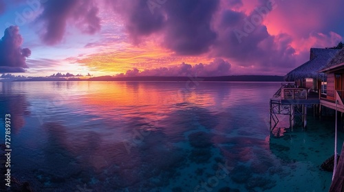 Stunning colorful sunset with clouds on the horizon of the South Pacific Ocean. Luxury travel © Ahmad