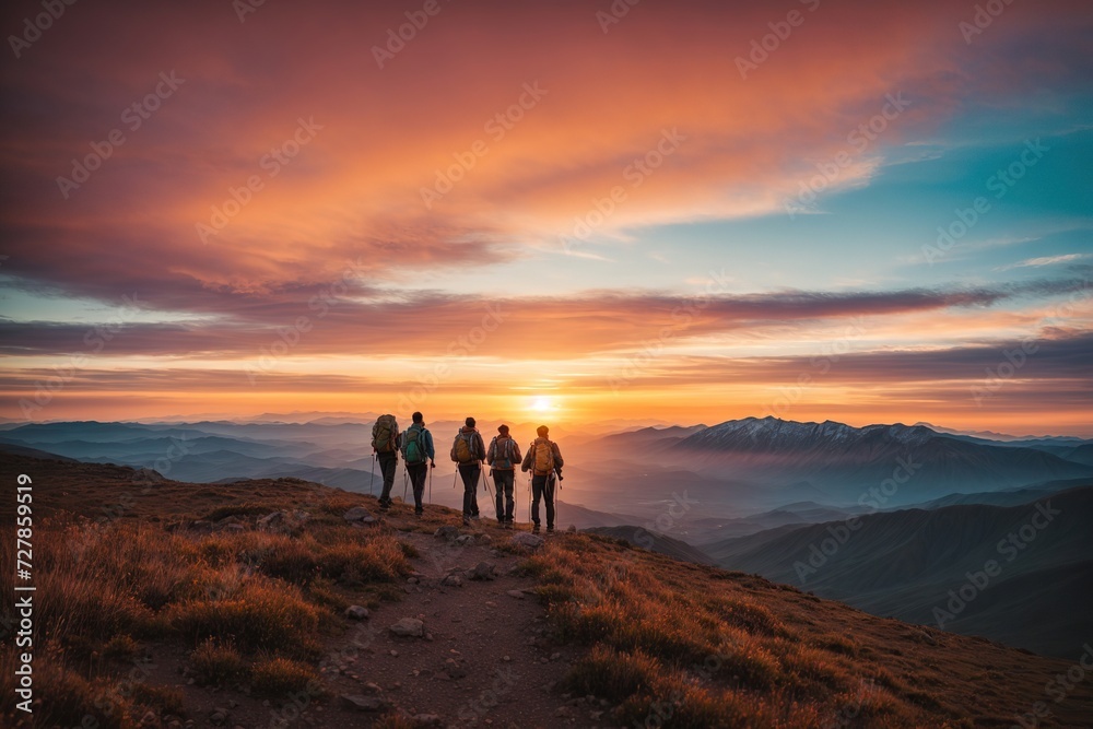 Silhouette adventure hikers hiking on mountains during sunset with colorful sky