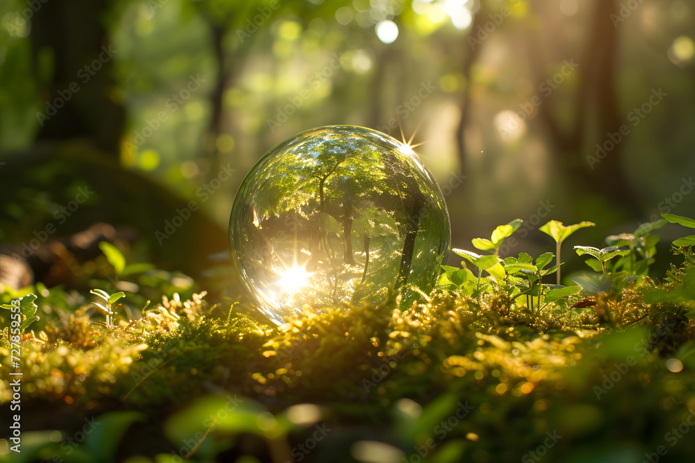 Crystal ball in the green forest and sun flare. Crystal ball in the green forest and sun flare.