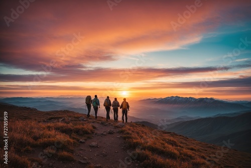 Silhouette adventure hikers hiking on mountains during sunset with colorful sky