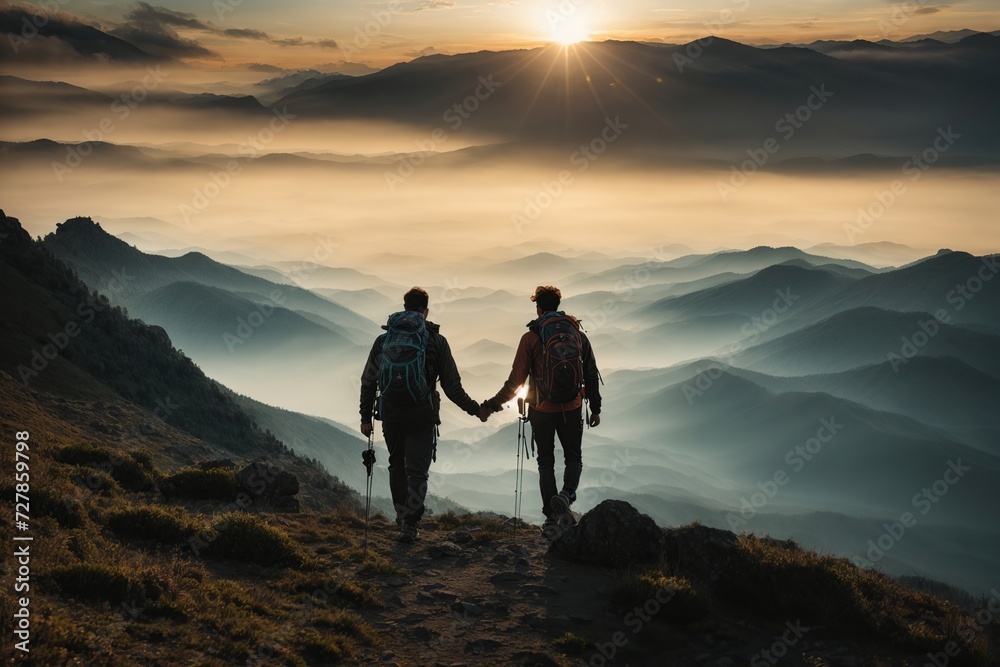 Silhouette of Helping each other hike up a mountain - obrazy, fototapety, plakaty 