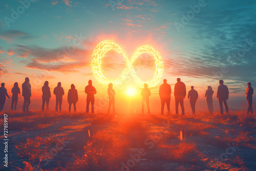 Infinity symbol sign against sunset sky and evening landscape with different people. World autism awareness day, autism rights movement, neurodiversity, autistic acceptance movement