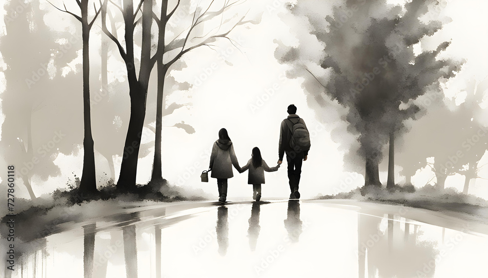 Family holding hand and walking together 