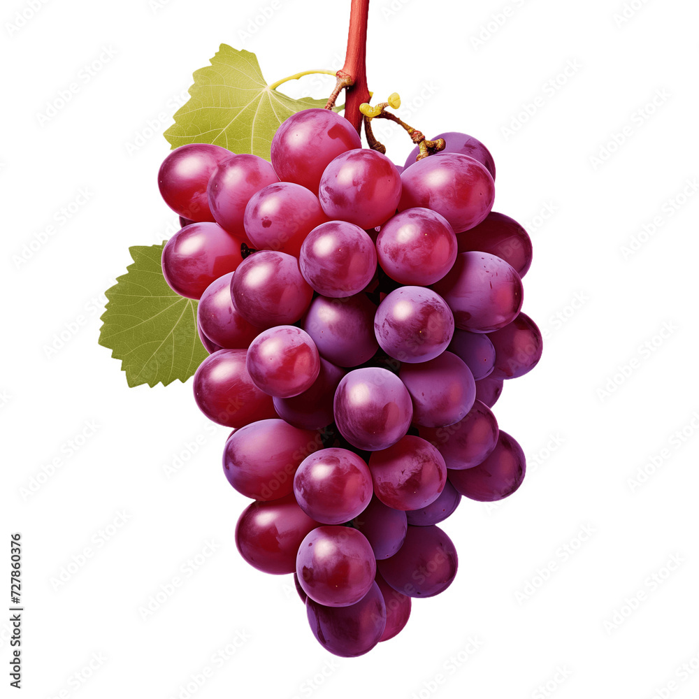 Fototapeta premium Bunch of ripe purple grapes on vine on transparent background.