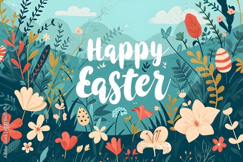 'Happy Easter' Calligraphy on a illustrated Spring Landscape Background with Flowers and Easter Eggs. Colorful Easter Card Template 