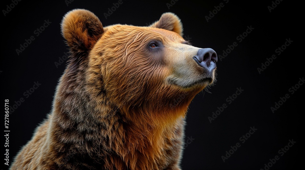 Fototapeta premium Close-up of a brown bear with a thoughtful expression against a black backdrop.